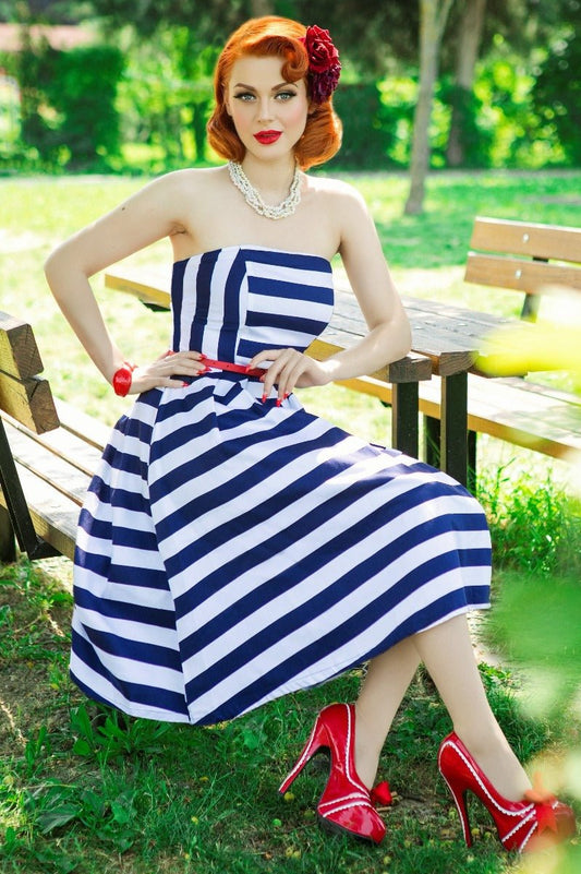 Lana Striped Strapless Swing Dress in Blue-White