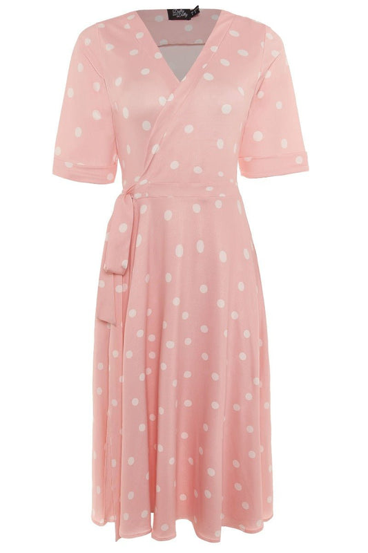 Matilda Retro Wrap Dress in Pale Pink-White Polka dots
