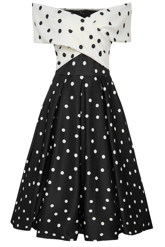 Beverly Cross-Over-Off the Shoulder Swing Dress Black-White Polka Dots