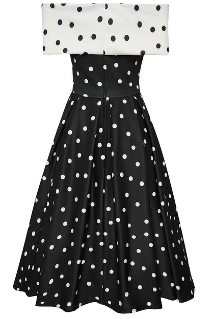 Beverly Cross-Over-Off the Shoulder Swing Dress Black-White Polka Dots