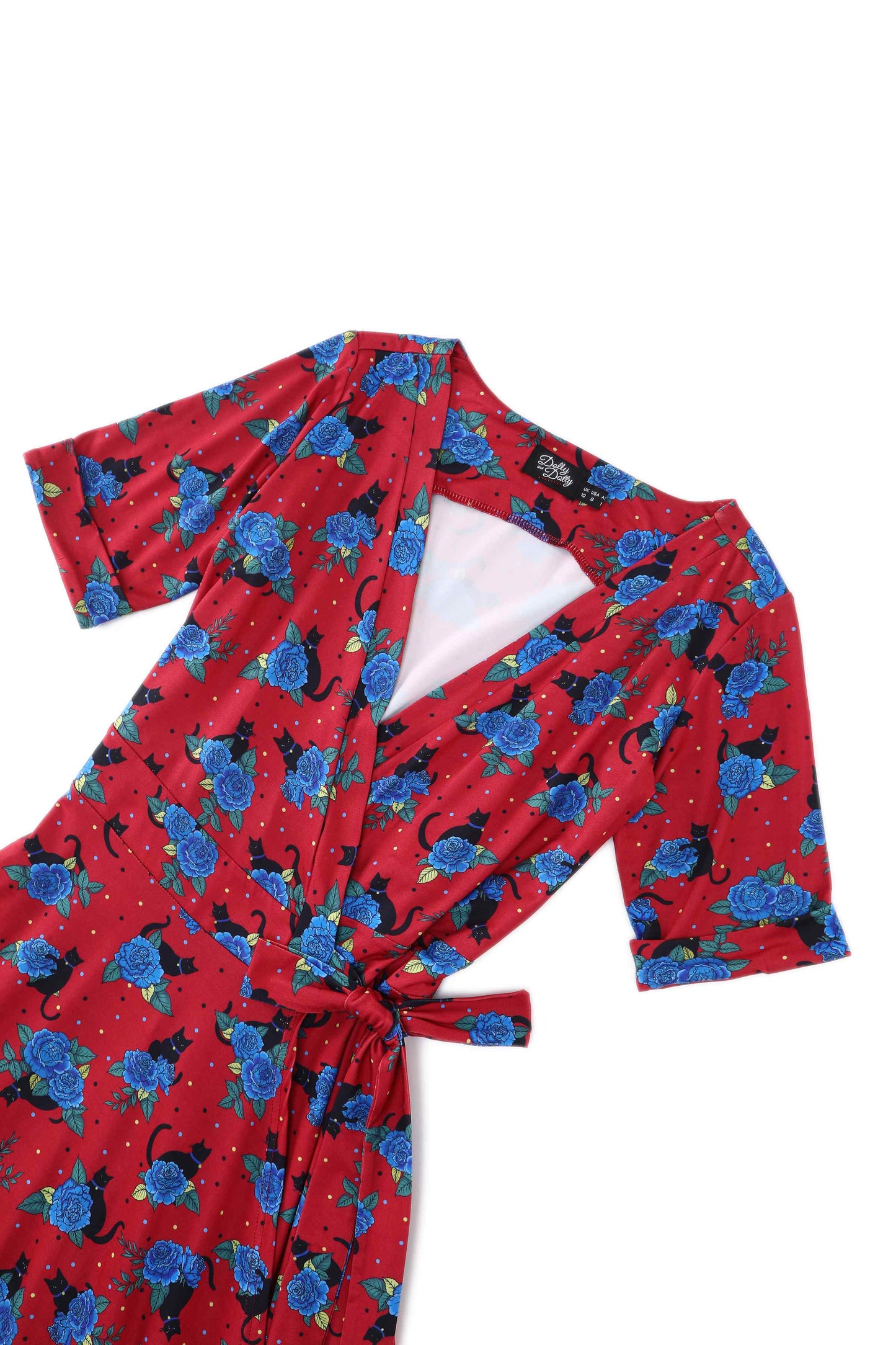 Matilda Vintage Black Cat & Rose  Wrap Dress In Red