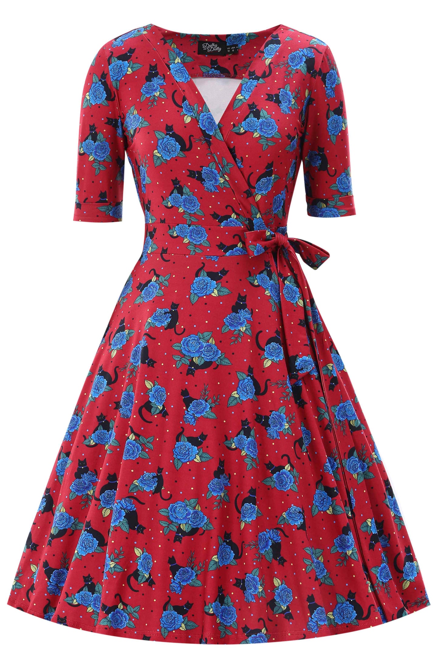 Matilda Vintage Black Cat & Rose  Wrap Dress In Red