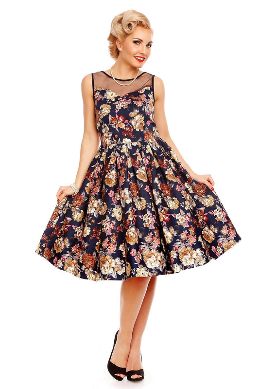 Elizabeth Vintage Style Floral Party Dress in Blue