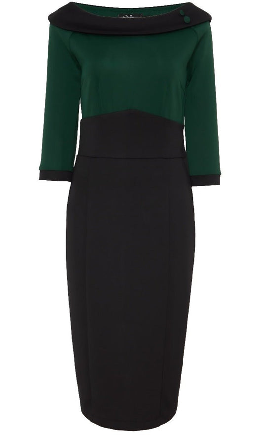 Denise Vintage Inspired Plain Wiggle Dress in Black & Green