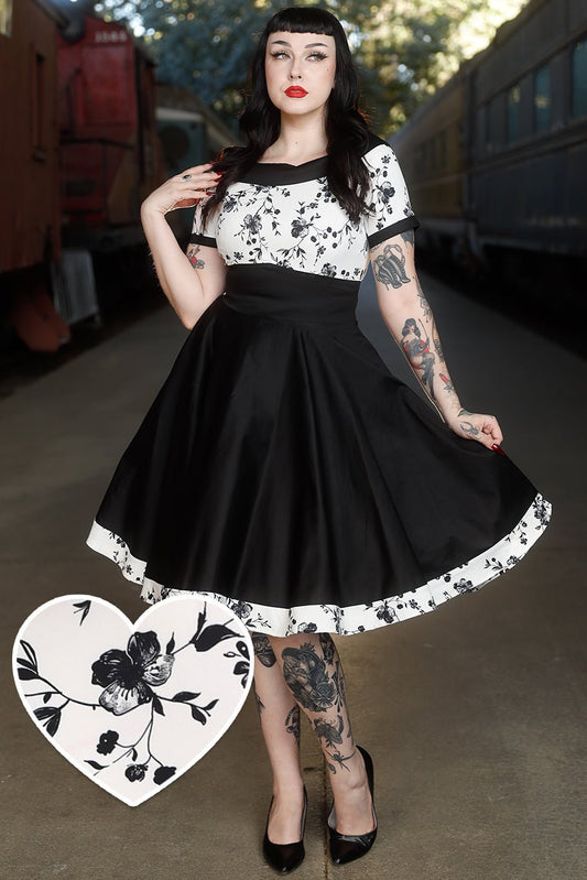Darlene White & Black Floral Roll Collar Dress