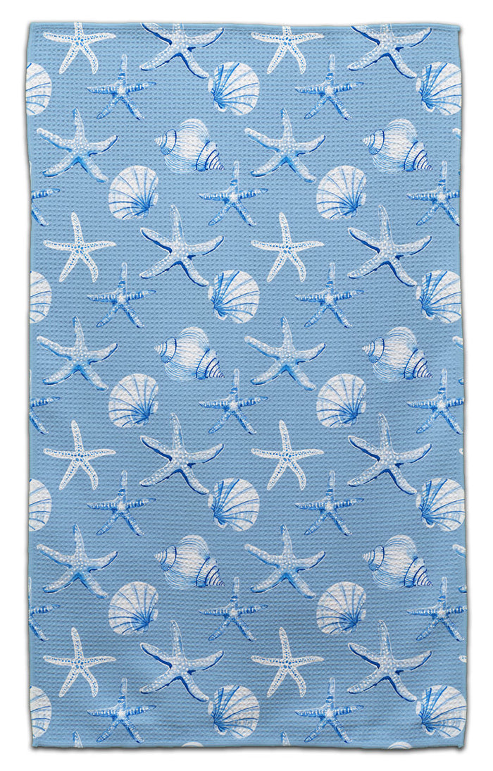 White and Lt Blue Shells Waffle Weave Towel - CJ Bella Co.