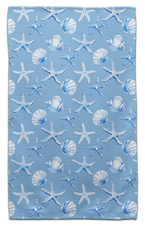 White and Lt Blue Shells Waffle Weave Towel - CJ Bella Co.