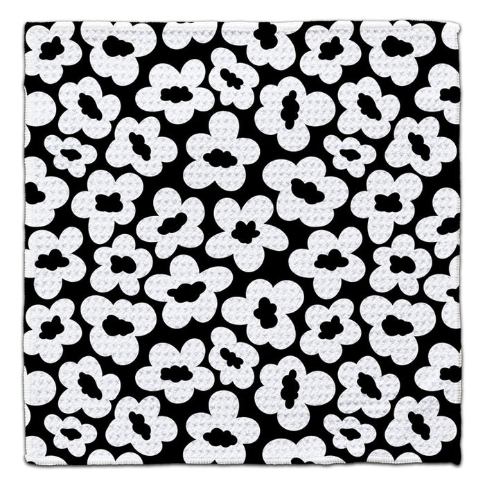 White Flowers on Black Waffle Weave Washcloth - CJ Bella Co.