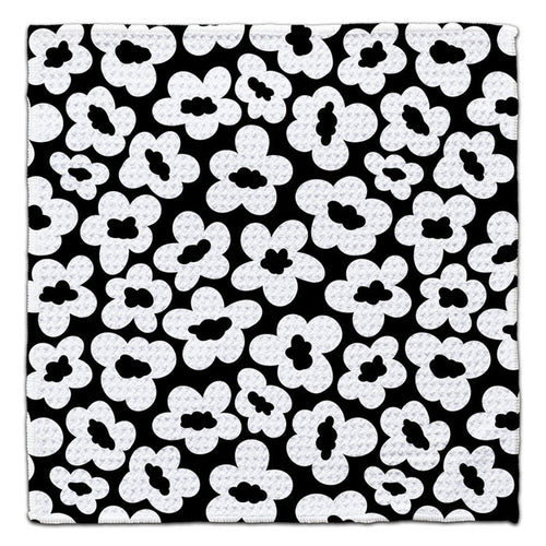 White Flowers on Black Waffle Weave Washcloth - CJ Bella Co.