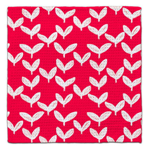 White Leaves on Red Background Waffle Weave Washcloth