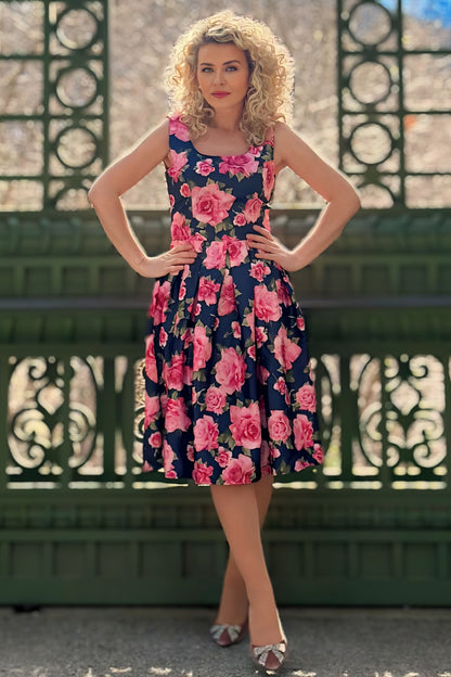 Amanda Blue & Pink Roses Swing Dress