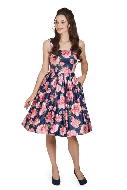 Amanda Blue & Pink Roses Swing Dress
