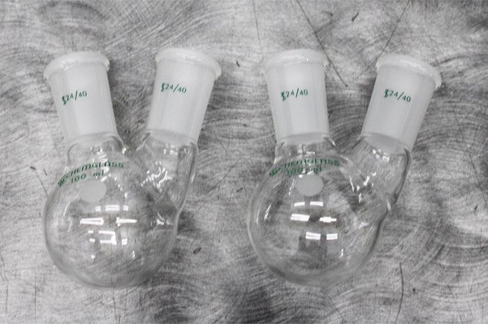 x2 Chemglass CG1518-01 2-Neck Round Bottom 100mL Flasks 24/40 Joint