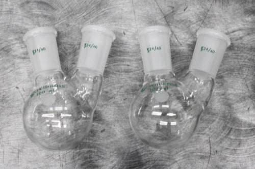 x2 Chemglass CG1518-01 2-Neck Round Bottom 100mL Flasks 24/40 Joint